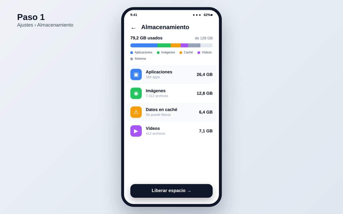 Menú de Almacenamiento de Android mostrando cuánto ocupa cada categoría