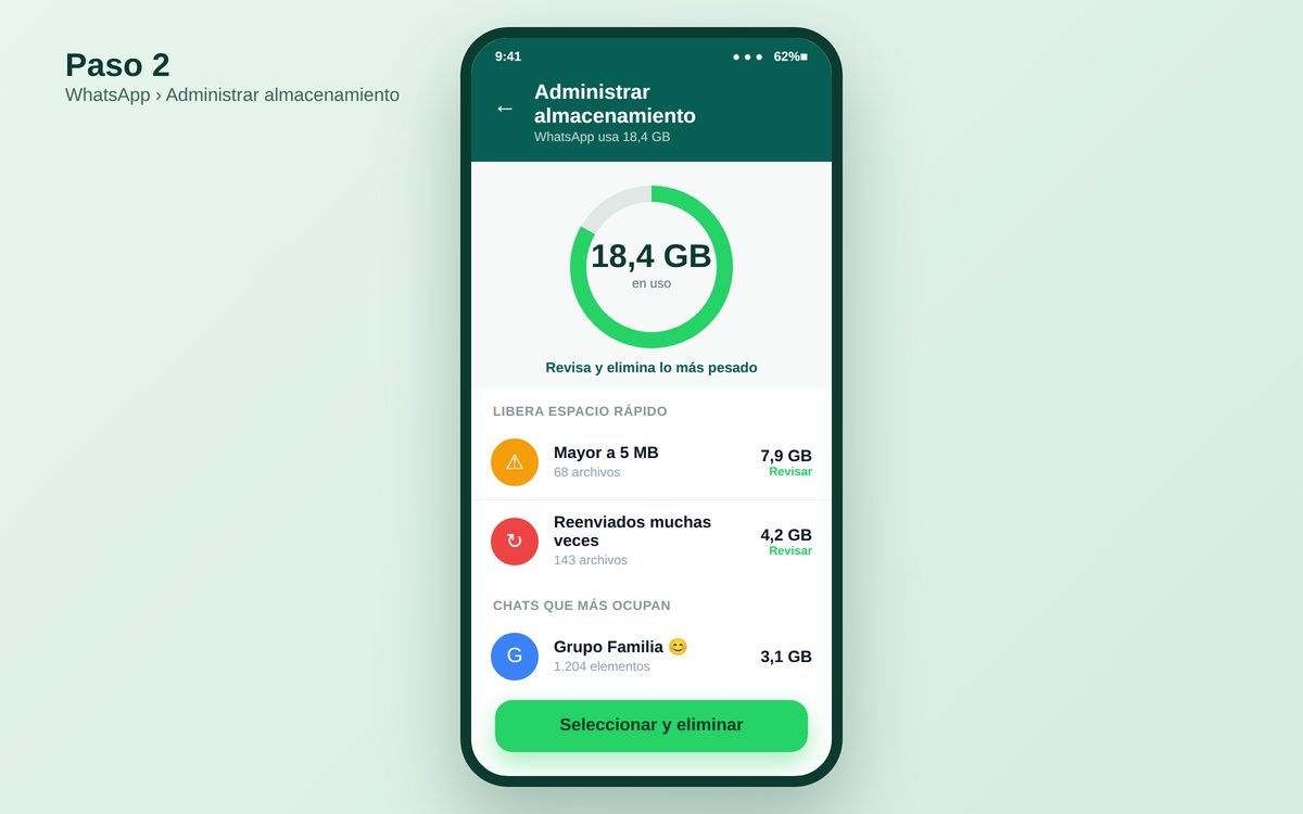 Herramienta Administrar almacenamiento de WhatsApp mostrando archivos mayores a 5 MB